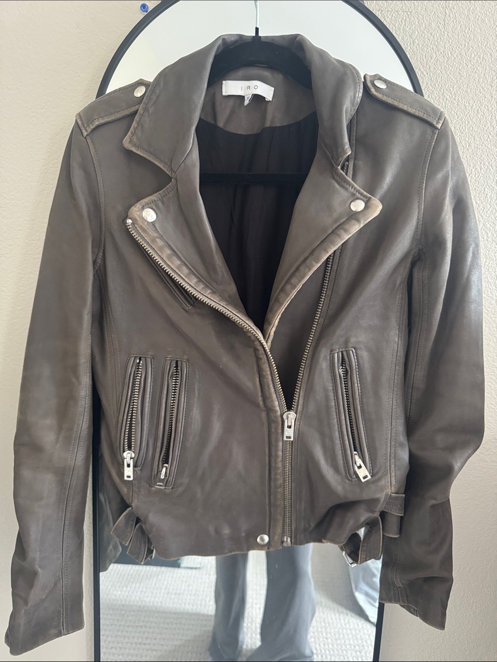 IRO Brown Leather Biker Jacket with Asymmetric Zip